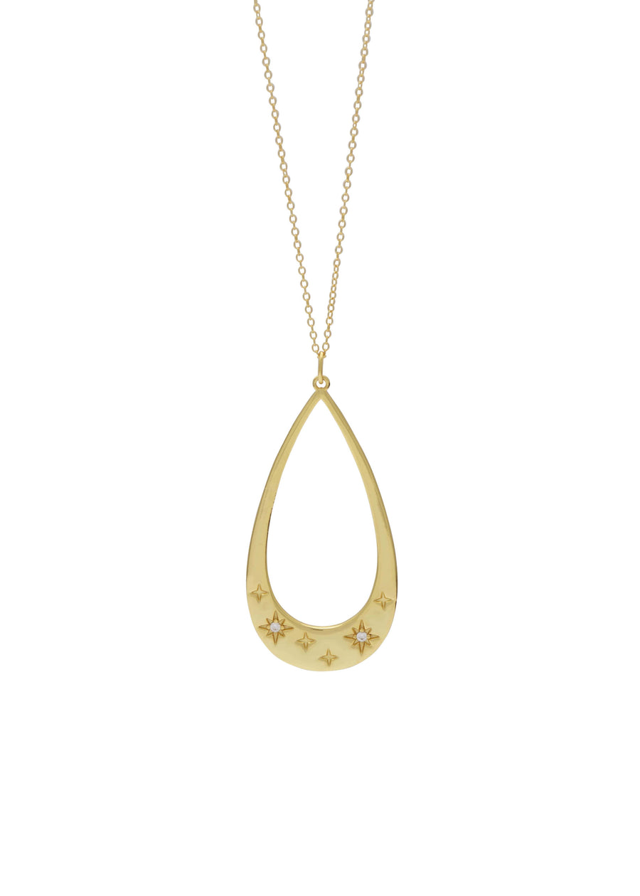 Gold teardrop pendant necklace on a white background