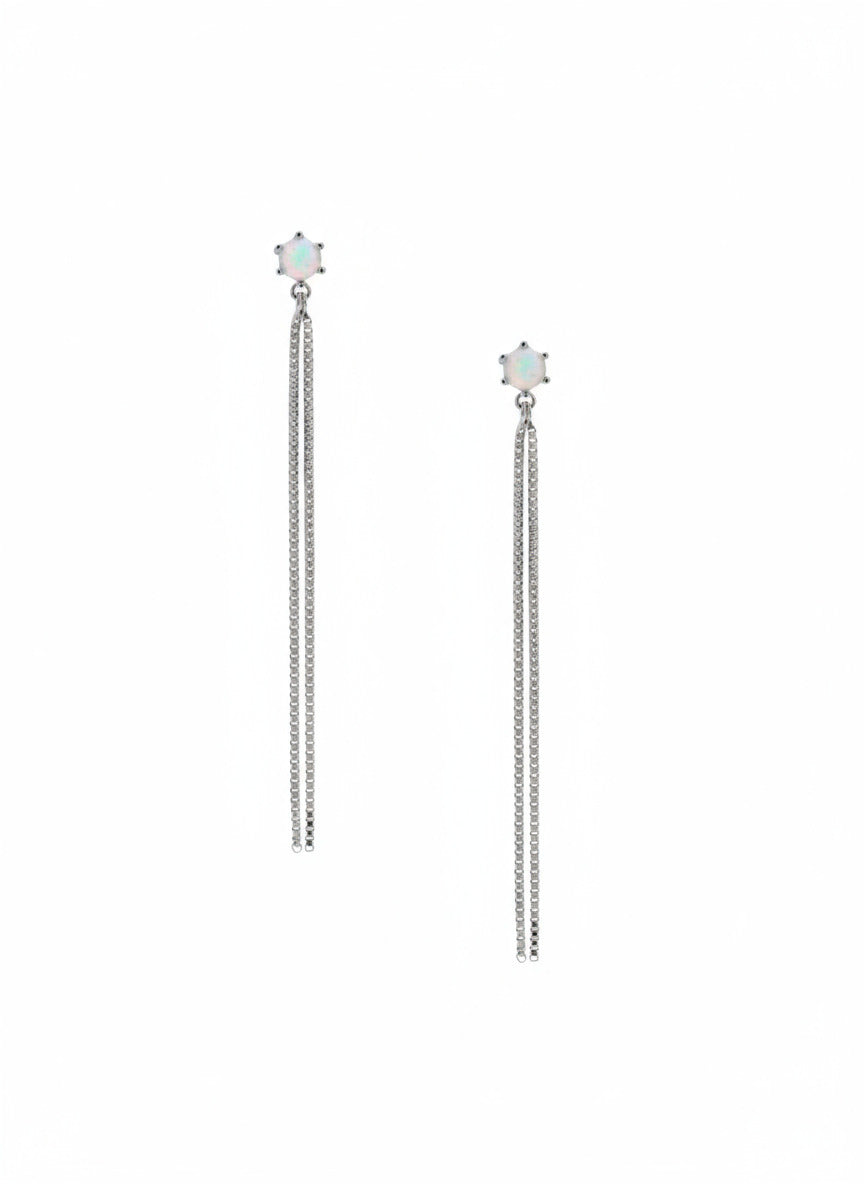 Silver earrings with star-shaped tops on a white background