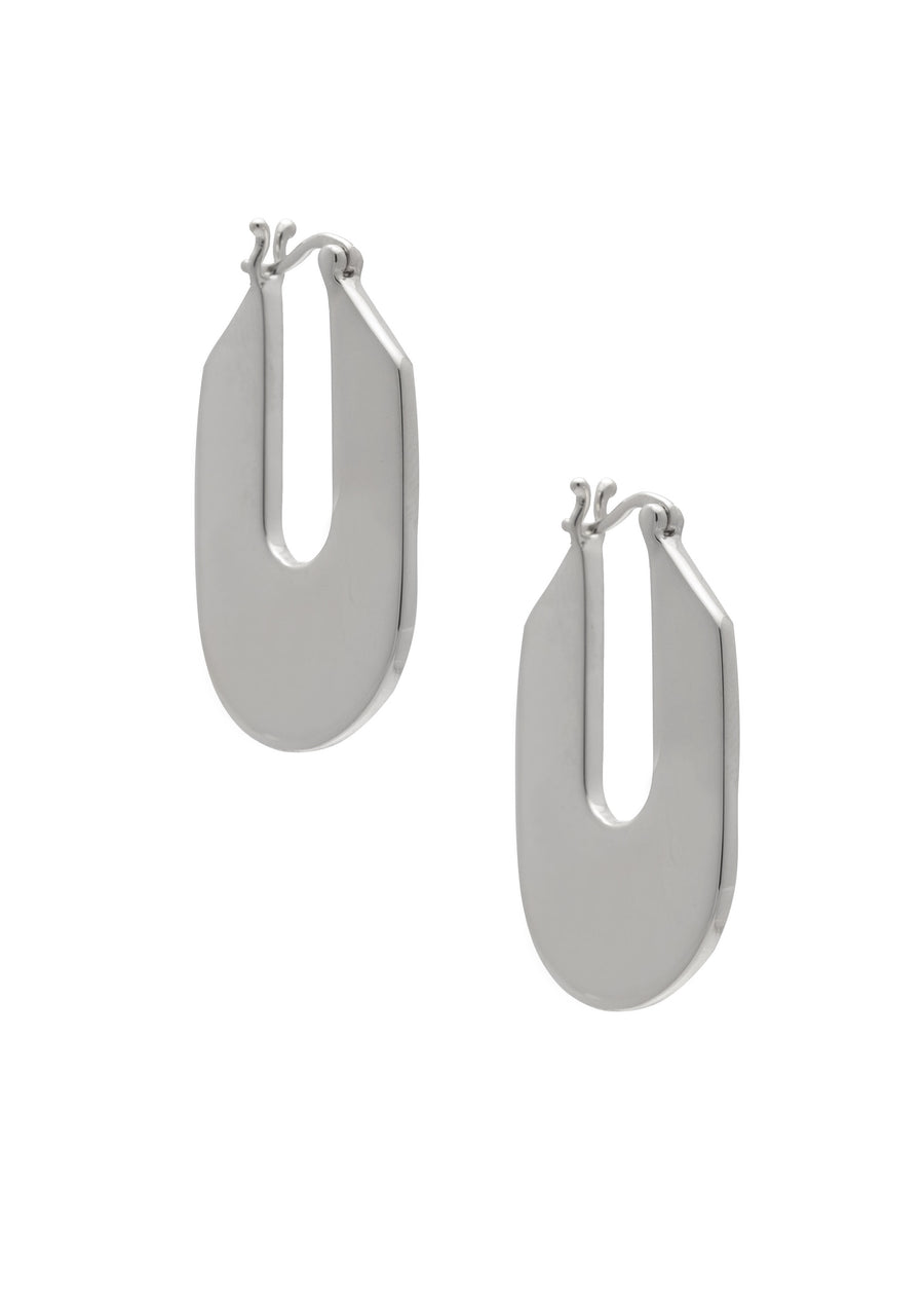A pair of rhodium-plated silver earrings with a contemporary shape, designed to catch the light.