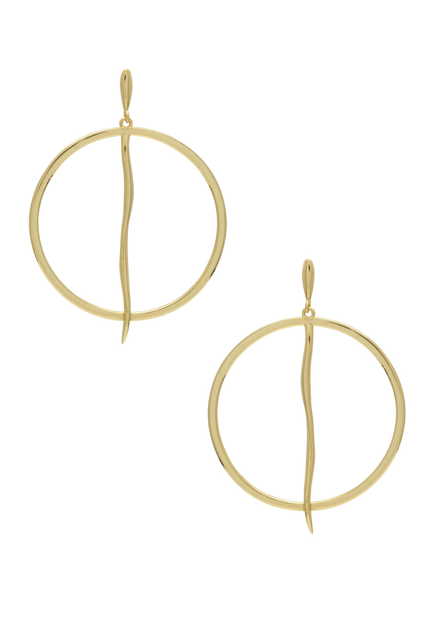 Contemporary hoop earrings in gold on a white backdrop