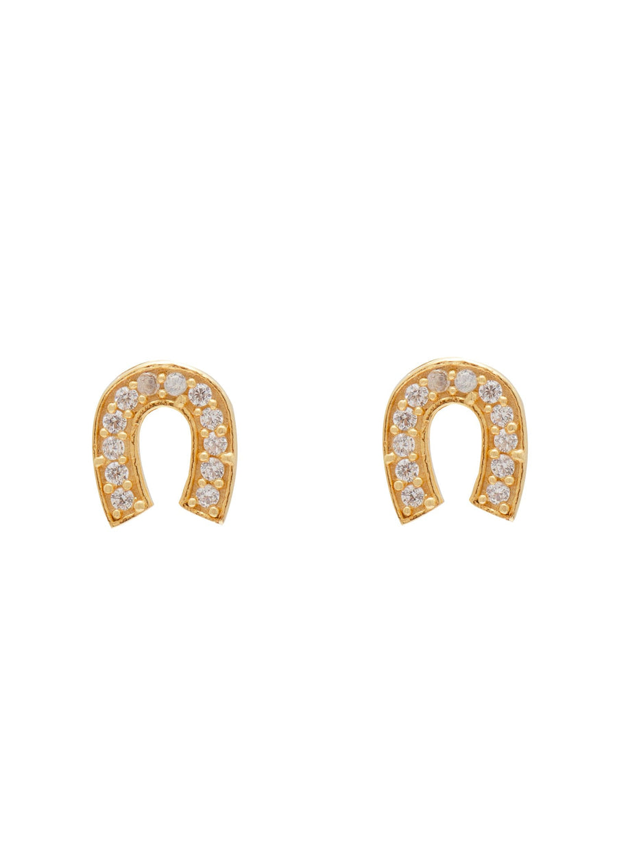 Gold horseshoe studs with cubic zirconia by Vancouver designer Sarah Mulder