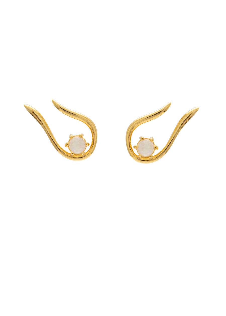 Gold earrings with a central gemstone on a white background