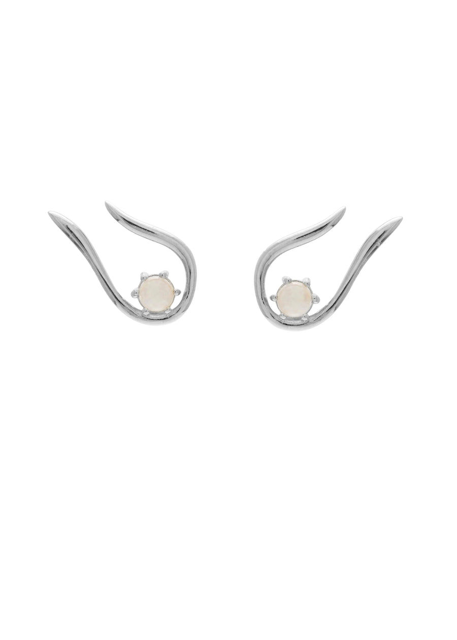 Pair of silver earrings with a small round gemstone on a white background
