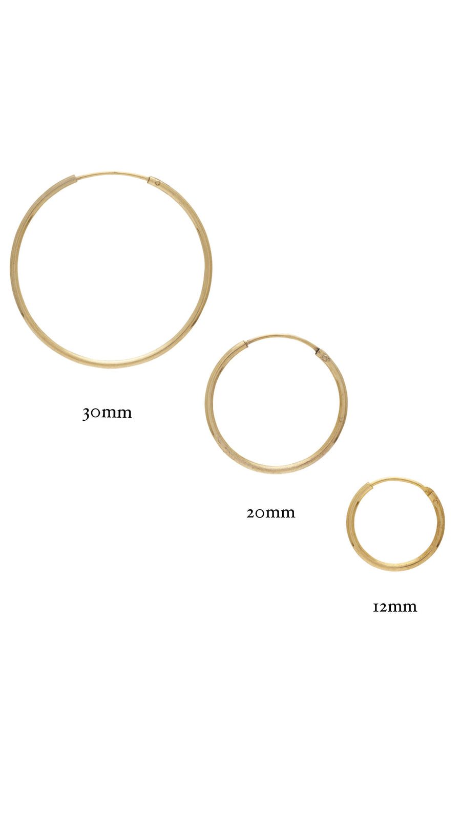 endless hoop chart of three earrings and their measurements