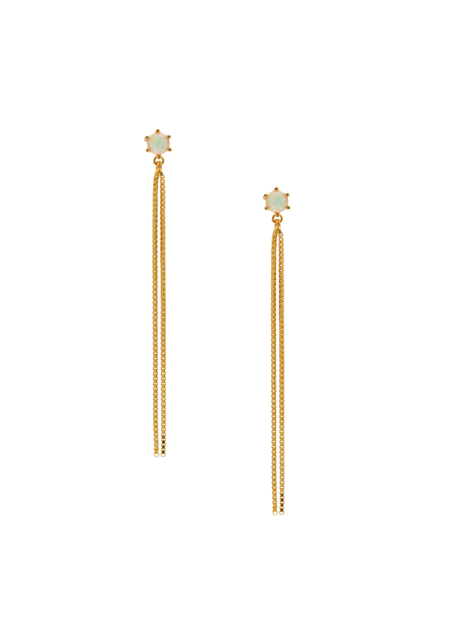 Gold earrings with star-shaped tops on a white background