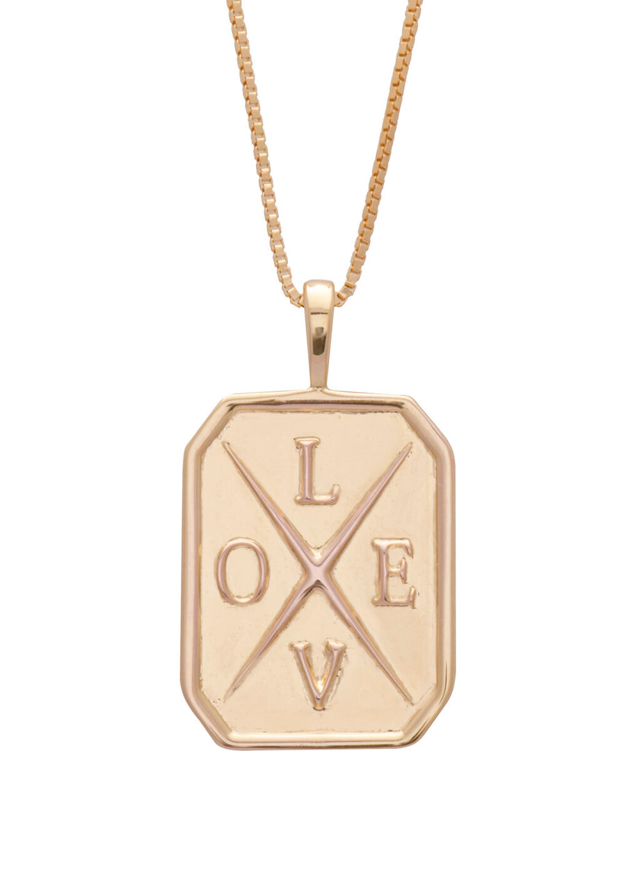 Gold necklace with the word Love in raised lettering on a rectangular pendant 