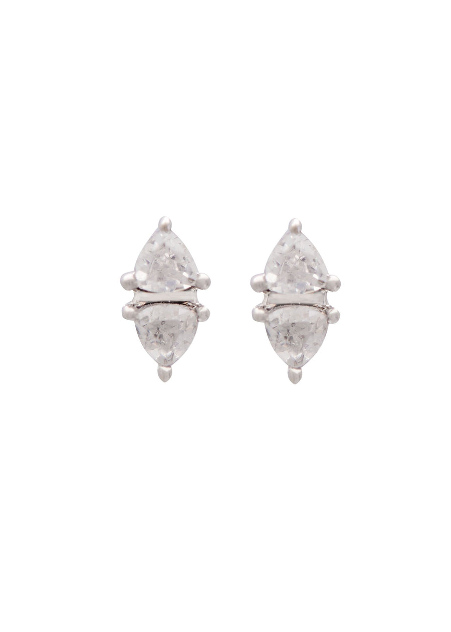 A pair of rhodium-plated stud earrings with trillion-cut cubic zirconia stones.