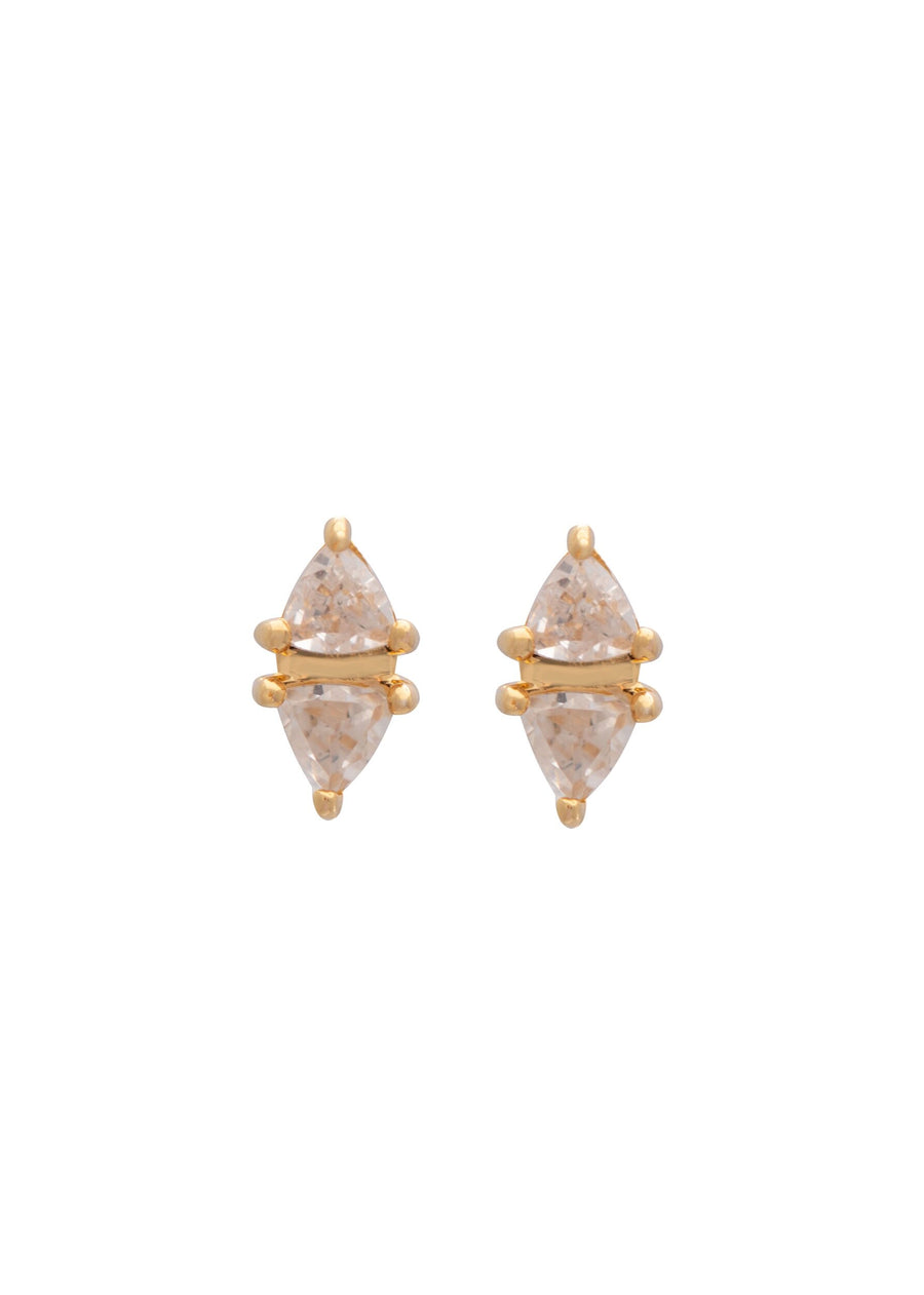 A pair of gold-plated stud earrings with trillion-cut clear cubic zirconia stones.