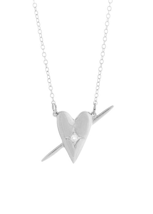 Celeste Necklace by designer Sarah Mulder a heart shaped silver pendant on a white background